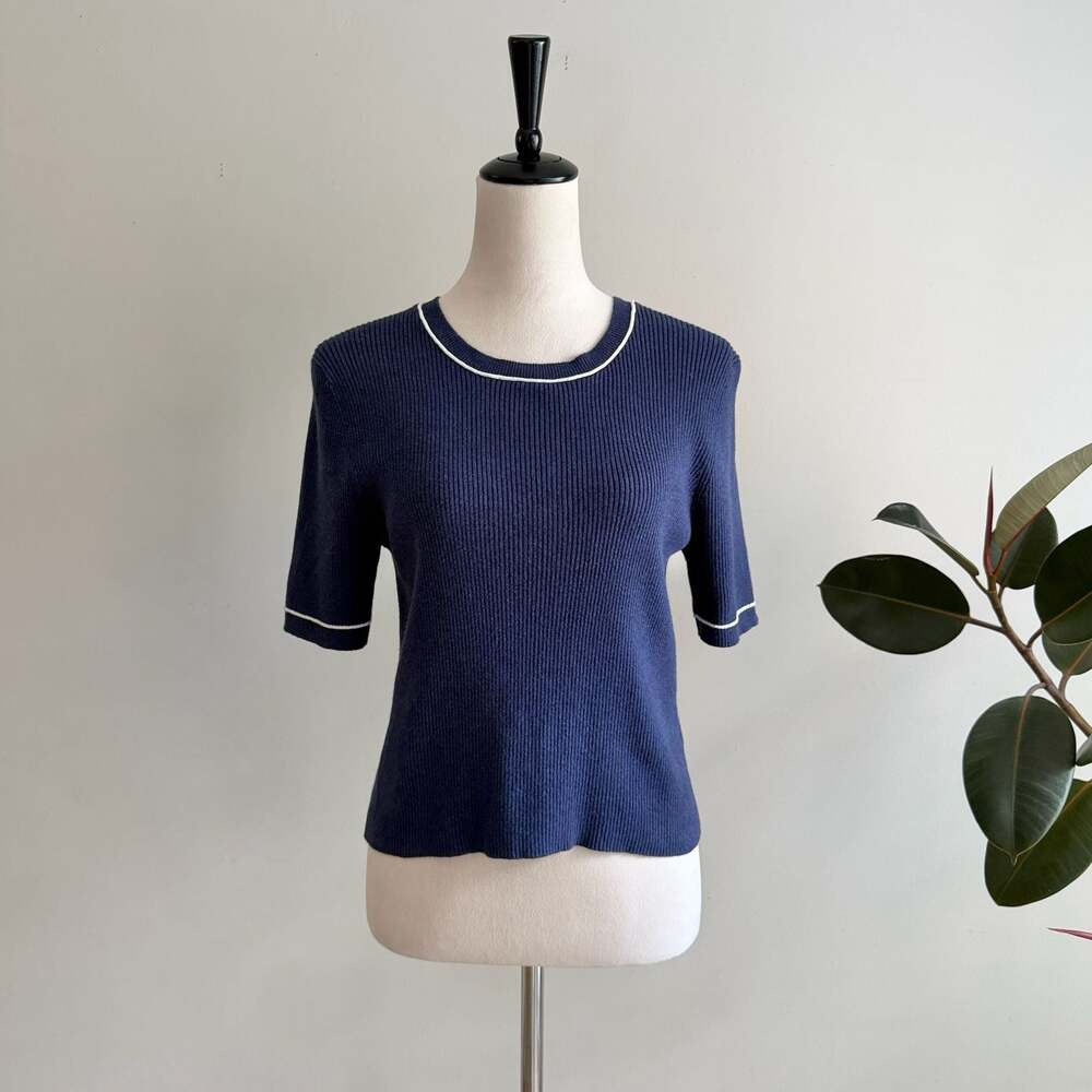 ATM Anthony Thomas Melillo Navy Blue Contrast Piping Short Sleeve Ribbed Sweater